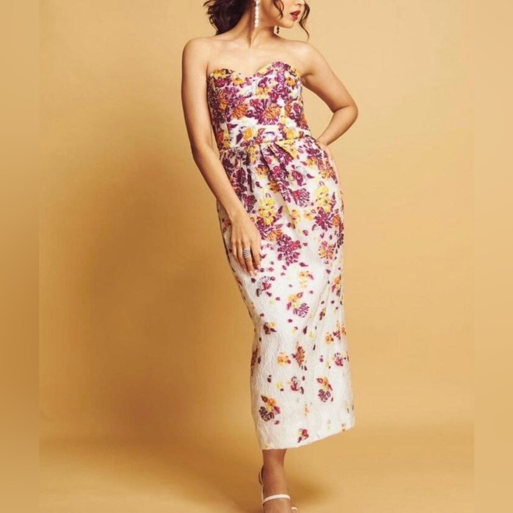 NWT Marchesa Notte Floral Ivory Pink & Orange Strapless Dress | Size 8